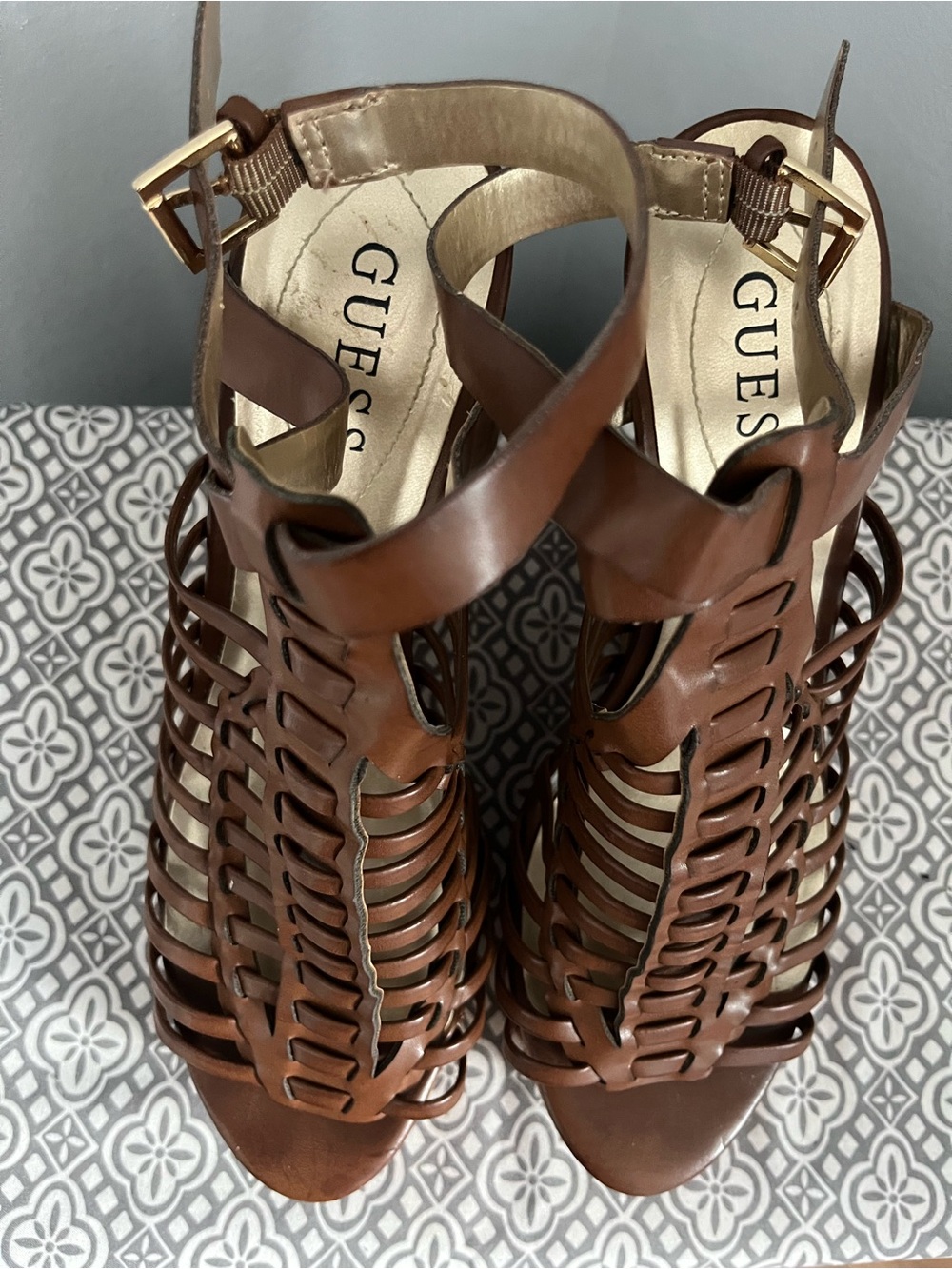 GUESS Brown Leather Strappy Cutout High Heels